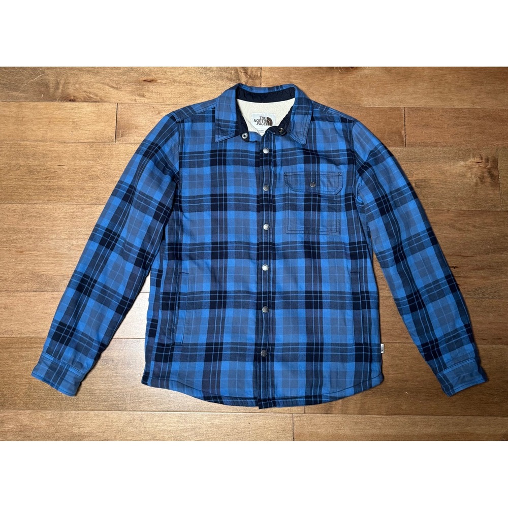 The North Face Campshire Shirt Blue Plaid Sherpa Fleece Lining Snap Men's Small